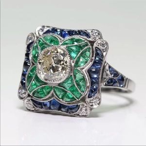 Large Blue Crystal & Green Cocktail Ring